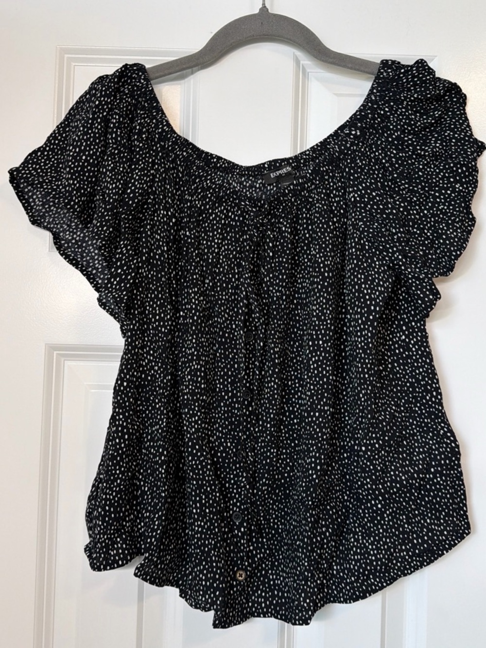 Express Black White Speckled Off-Shoulder Flutter Top